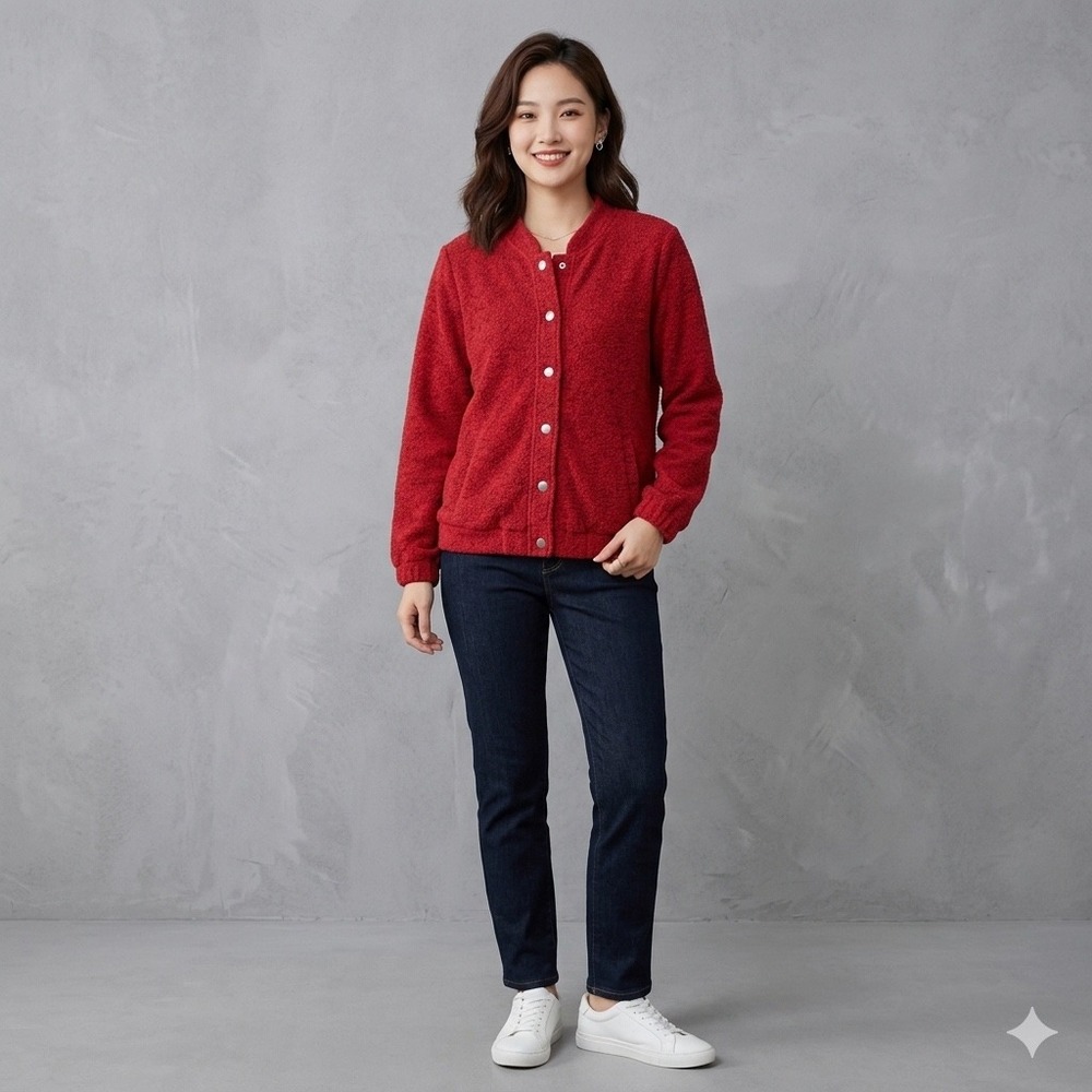 Christopher & Banks Womens Size Medium Red Boucle Knit Snap Front Jacket Bomber